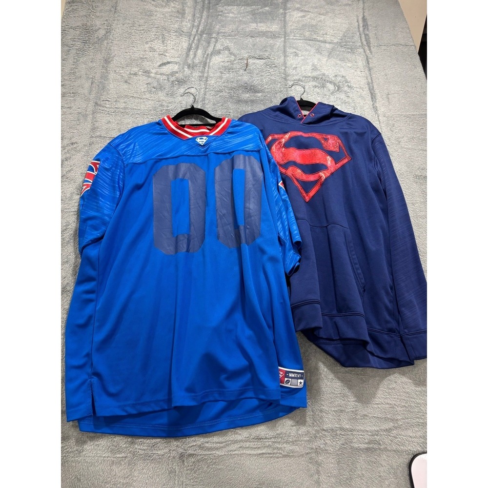 Superman 2 Piece Lot Mens L Blue Football Jersey 00 + Hoodie DC Comics Casual